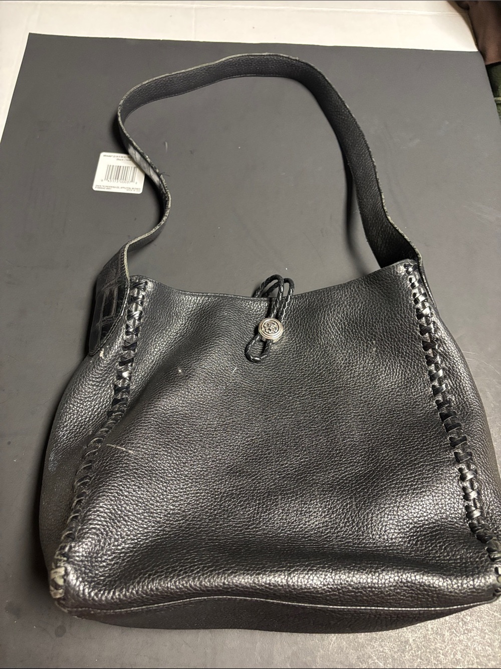 Brighton Black Pebbled Leather Shoulder Bag with Whipstitch Trim